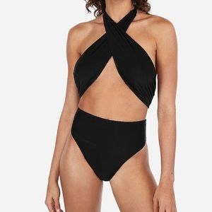 Express halter wrap one piece swimsuit